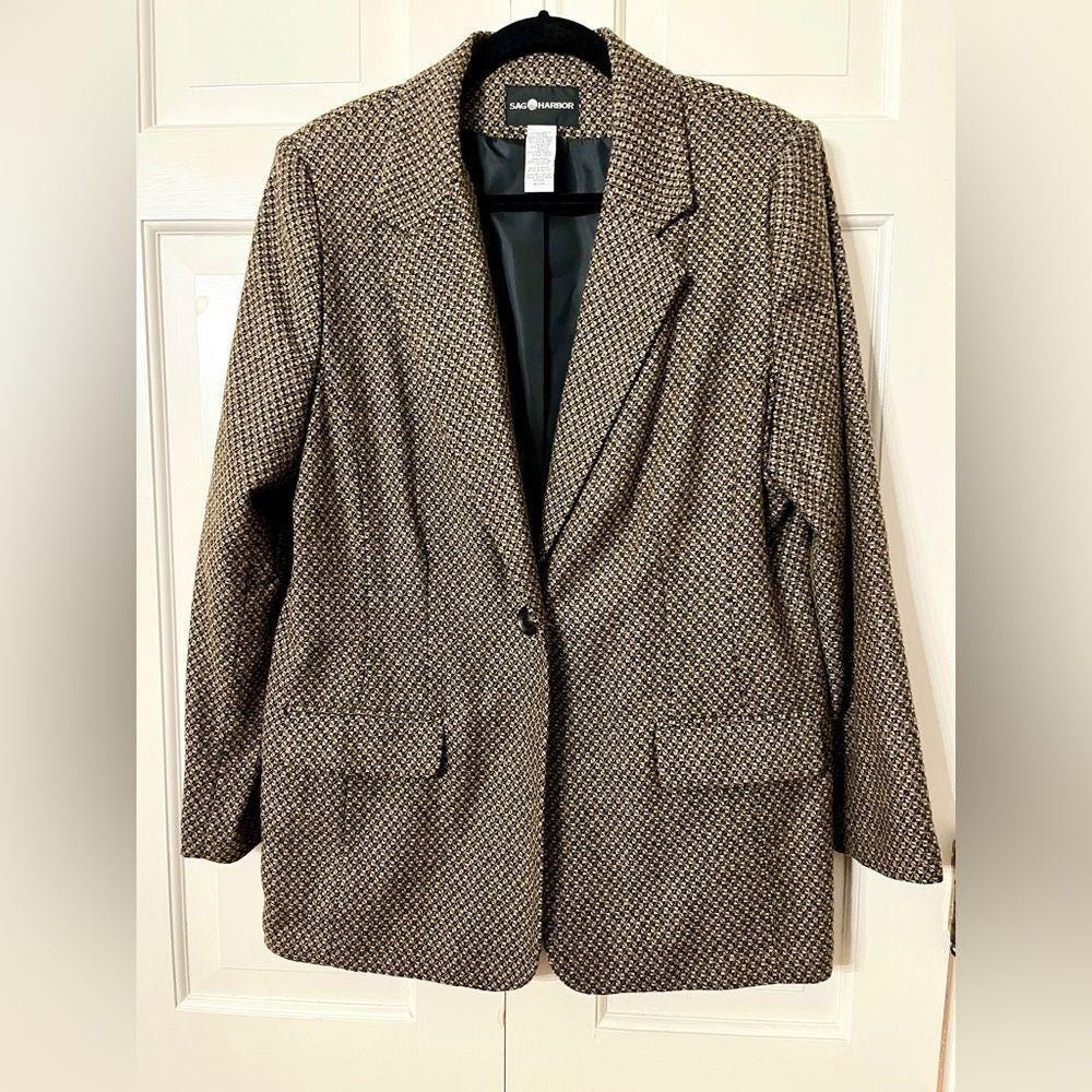 Vintage Sag Harbor‎ Wool Blend Blazer Jacket Micro Check Sz 16 Country House